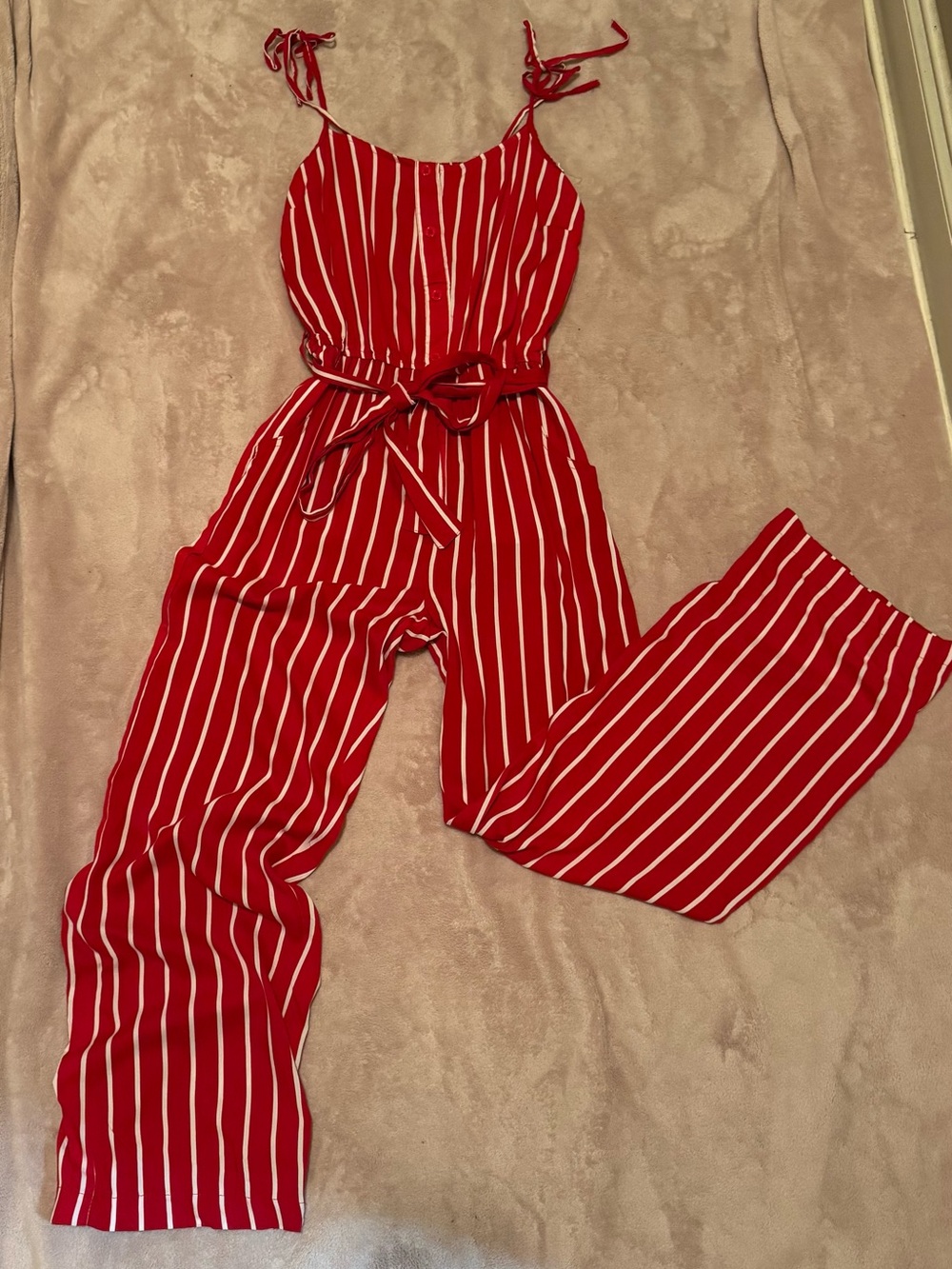 Chesley Red and White Striped Tie-Waist Jumpsuit with pockets